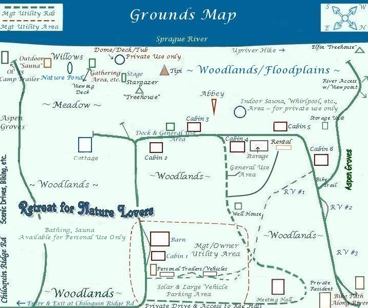 Grounds map for gathering light ... a retreat for nature lovers located in southern Oregon near Crater Lake National Park and klamath basin birding trails. cabins, tree houses, rv camping and vacation rentals in the forest on the river near crater lake national park and klamath basin birding trails.