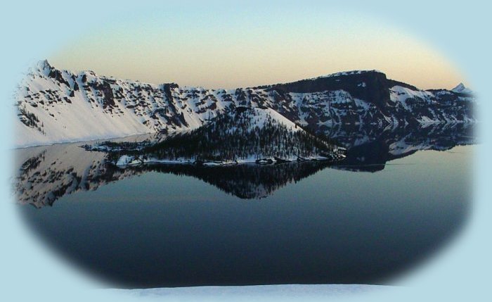 Wizard Island in twilight at Crater Lake National Park in the cascade mountains of oregon.