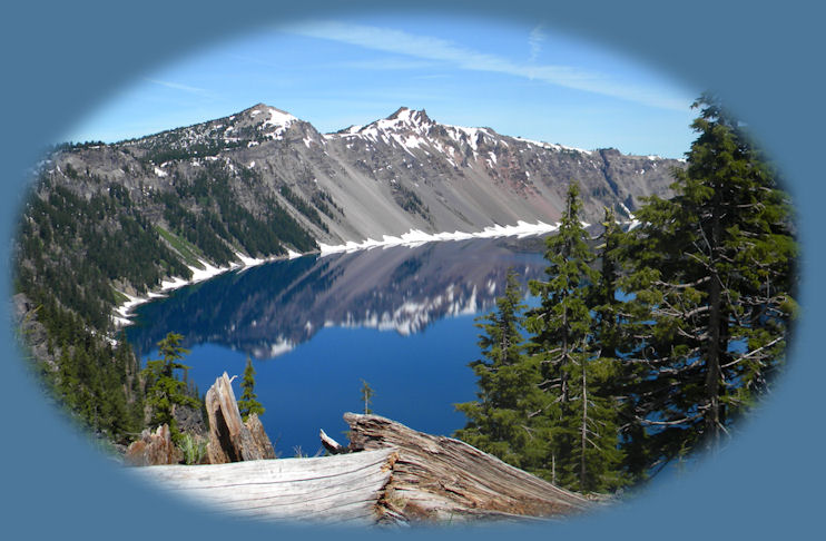 crater lake photographed from the western rim at crater lake national park in the cascade mountains of oregon: hiking trails up garfield peak, godfrey glen, watchman tower, cleetwood cove trail down the rim to the lake and boat rides, up mt scott.