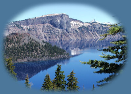 wizard island at crater lake in the cascade mountains of oregon.