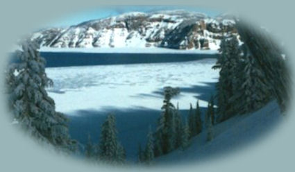 
crater lake in winter at crater lake national park in oregon.