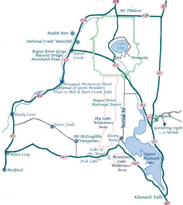 map of the diverse loop tour: includes crater lake, waterfalls, mountains, wild and scenic rivers, hiking trails, rogue river gorge.