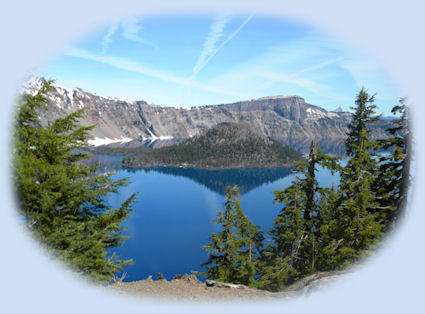 wizard island at crater lake in the cascade mountains of oregon.