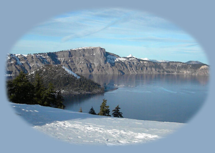 winter at Crater Lake National Park in the cascade mountains of oregon.