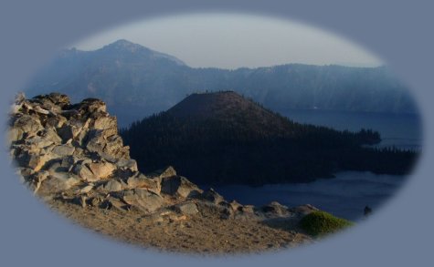 wizard island photographed from the rim drive at crater lake national park.