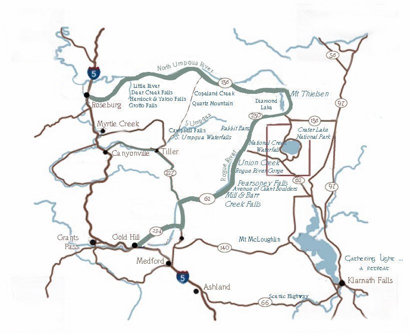 map for the combined diverse loop and umpqua river waterfall tour.