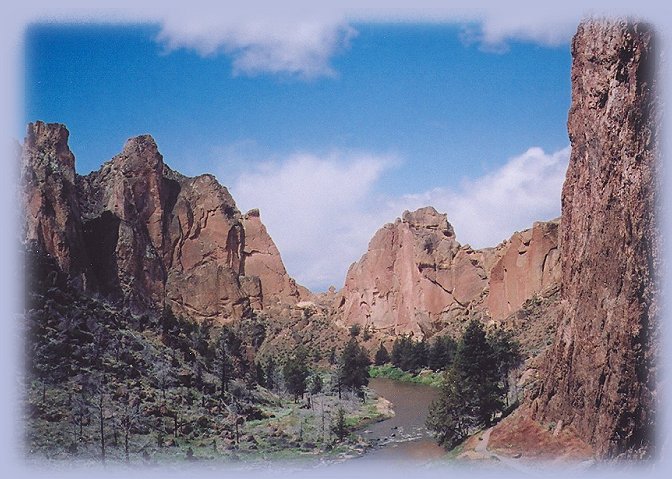 the panorama of smith rock, photographed from above.